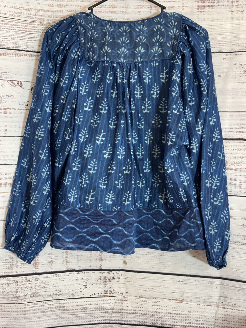 Fahrety Top Womens size Small Boho Indigo Printed Peasant Tunic with Tassel Tie - Picture 4 of 11